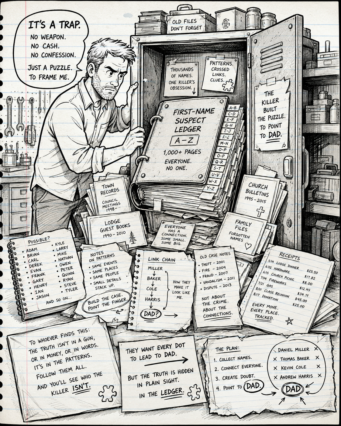 Dad Is Not the Killer metal cabinet and binder illustration